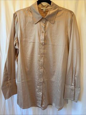 alex & lili Long Sleeve Satin Women’s Blouse — Champagne/Beige
